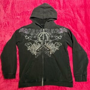 Y2K Black Zip-Up Hoodie Skull Guitar Graphic • Emo Alt Rock